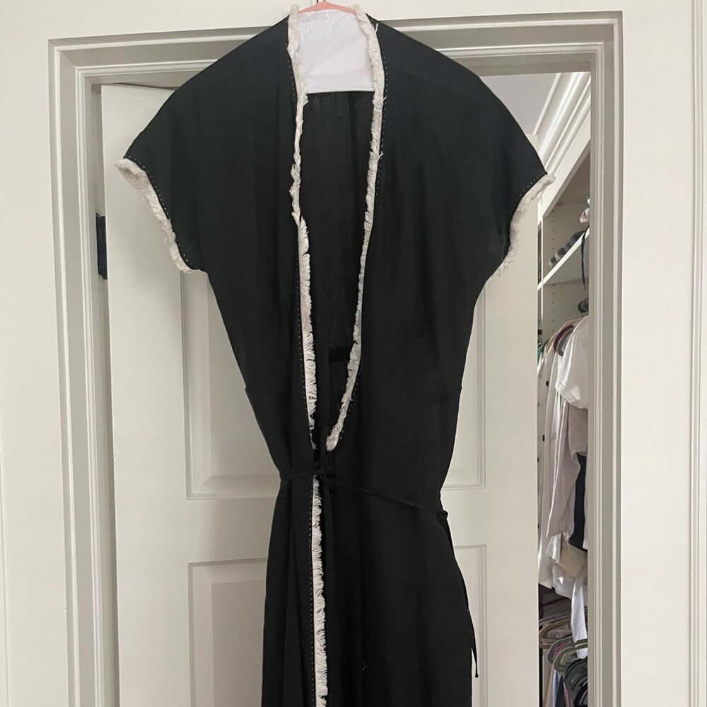 Max Mara Weekend Black Midi Wrap Dress with White Fringe Edging - Size M
